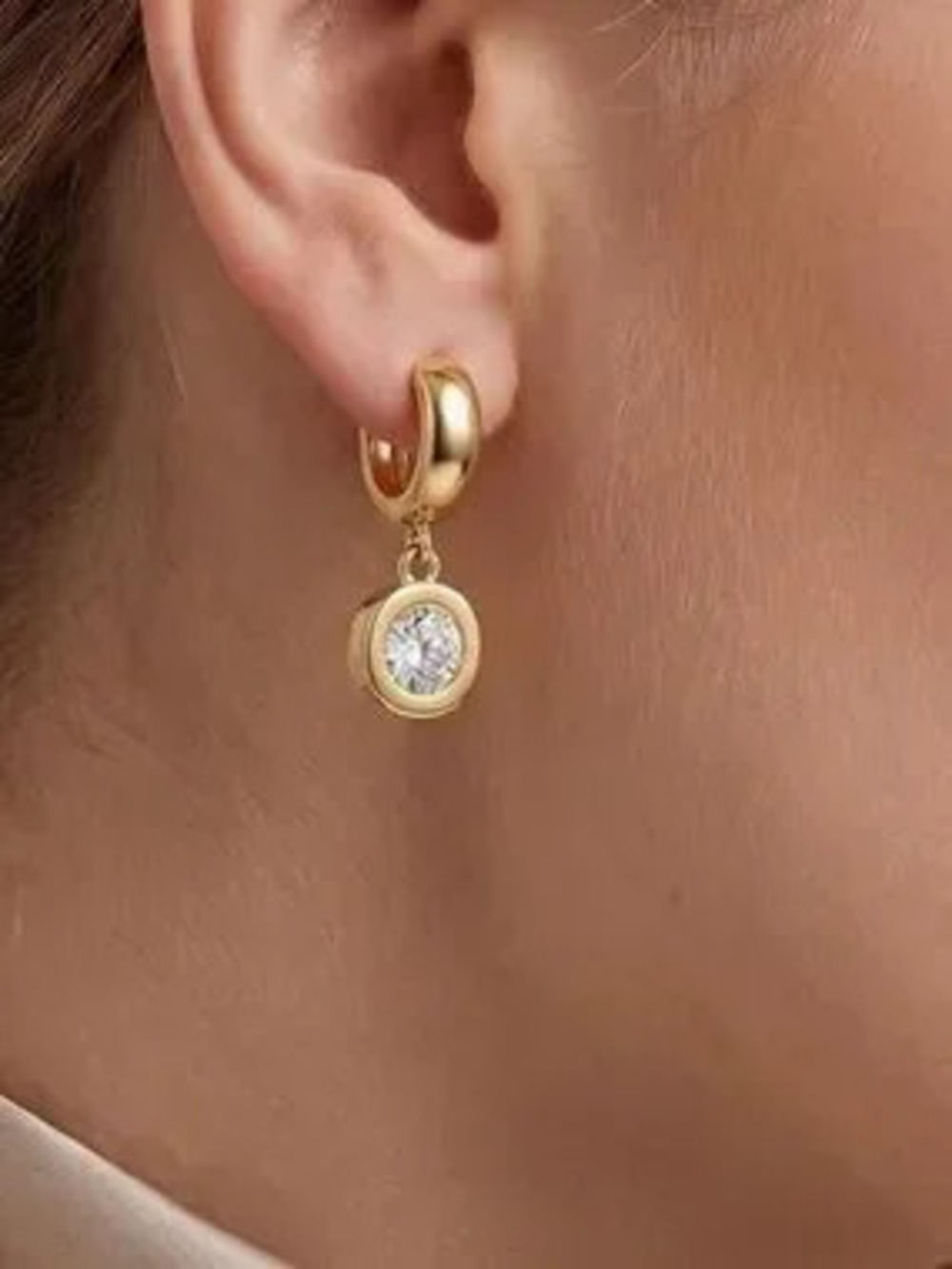 Anthropologie Gold Hoop Earrings with Clear Crystal Drop